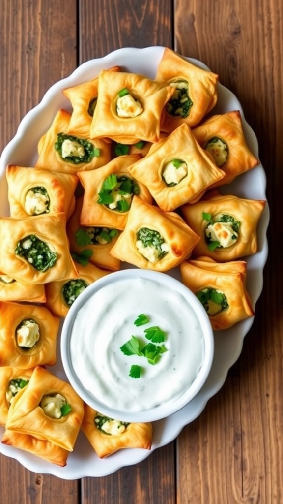 A close-up of crispy spinach and feta puff pastry bites on a wooden platter with tzatziki sauce.